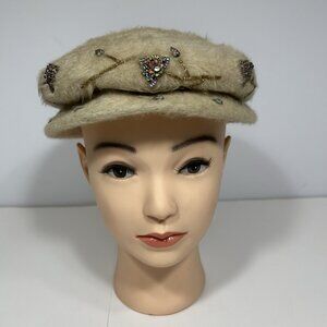 Vtg 50s Merri Soie Merrimac Beige Pillbox Bucket Hat Faux Felted Fur Rhinestones
